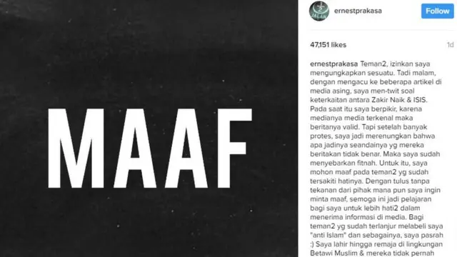 maaf, ernest prakasa, instagram