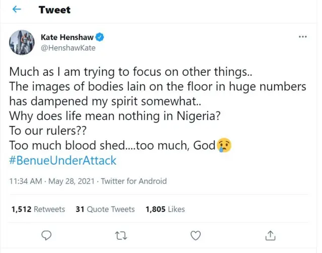 Ọrọ ti Kate Hebshaw sọ loju opo Twitter rẹ