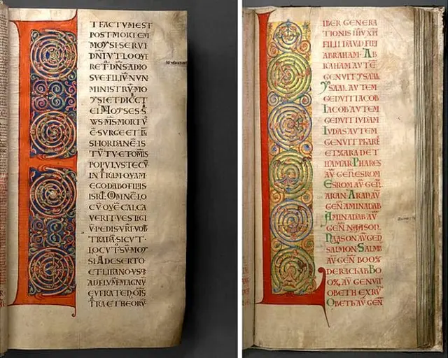 En ocasiones, las mayúsculas -como la E y la L aquí- ocupan toda la página. Decoradas con espirales causan un efecto visual atractivo al contrastarse con el texto vertical de la derecha.