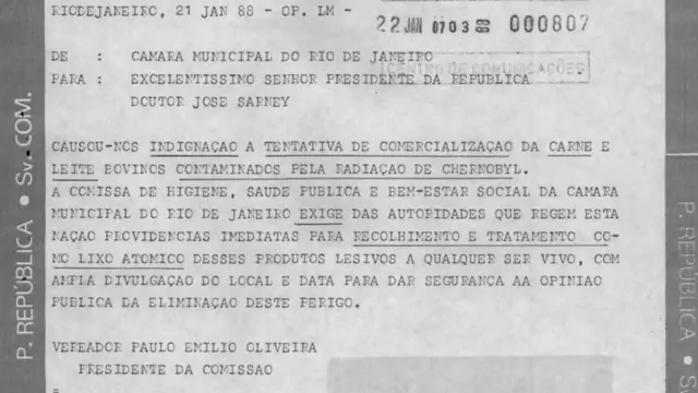 O vereador Paulo Emílio Oliveira, do PDT carioca, enviou um telegrama a José Sarney
