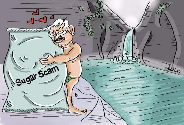 Cartoon - Gotabaya hugging a sugar sack, naked