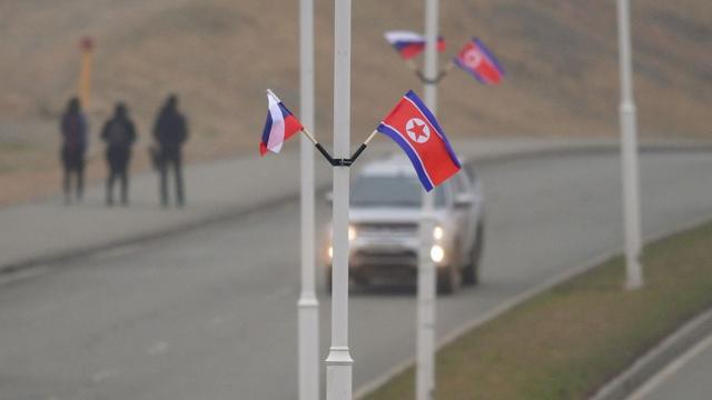 North Korean and Russian flags flying in Vladivostok, April 2019
