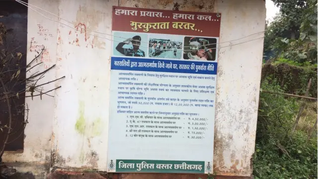 आत्मसमर्पण करने वाले नक्सलियों के लिए पुलिस की पुनर्वास नीति के यह पोस्टर बस्तर संभाग हर इलाक़े में लगे हुए हैं.