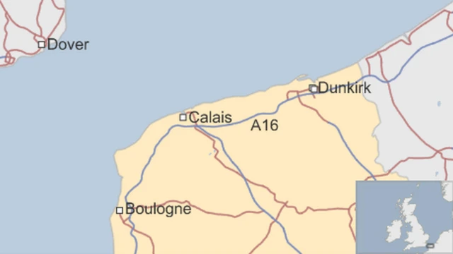 Mapa que muestra a Calais y a Dover.