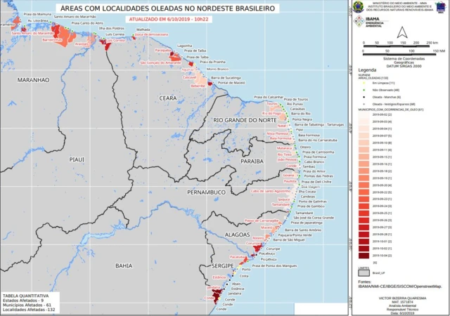 Mapa com áreas atingidas por óleo