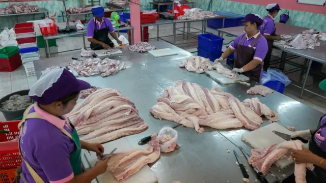 คนงานชำแหละเนื้อจระเข้