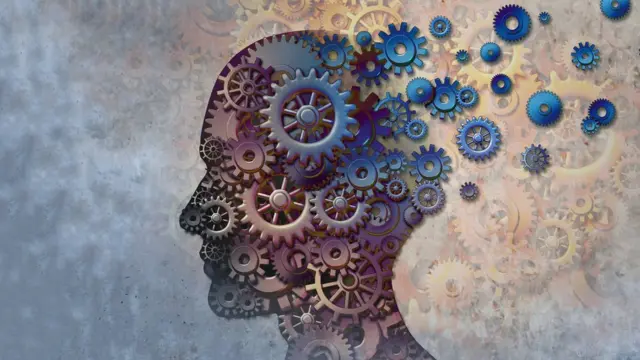 Ilustración de una cabeza de perfil con un sistema de engranajes interno