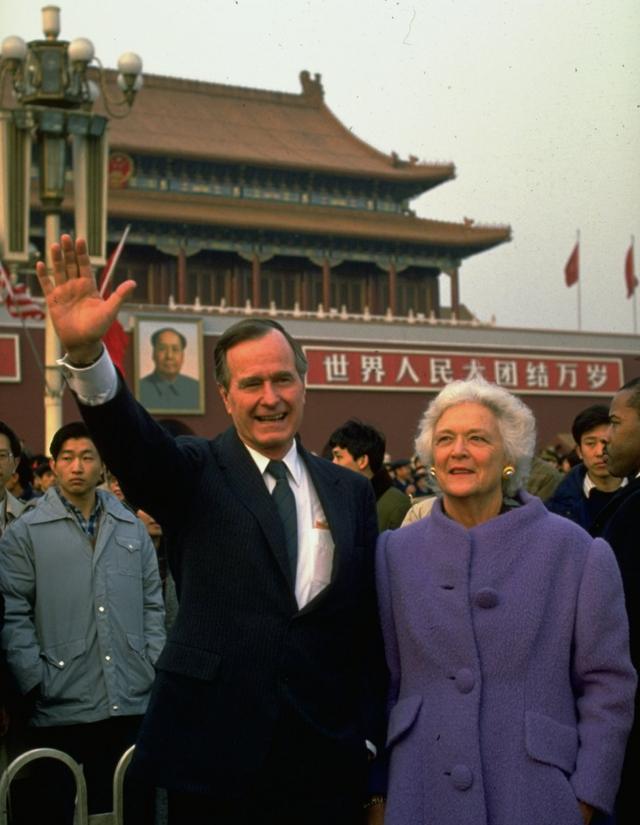 George HW Bush wife Barbara in Tiananmen Square in Beijing during a visit to China IN 1989