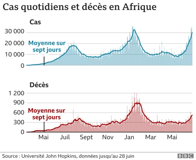 Graphique montrant l'augmentation des cas en Afrique au fil du temps