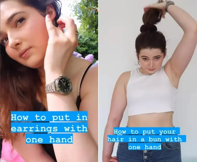 왼쪽에는 한 손으로 귀걸이 하는 법, 오른쪽에는 한 손으로 헤어 번을 만드는 법을 설명하는 키아라의 인스타그램 사진