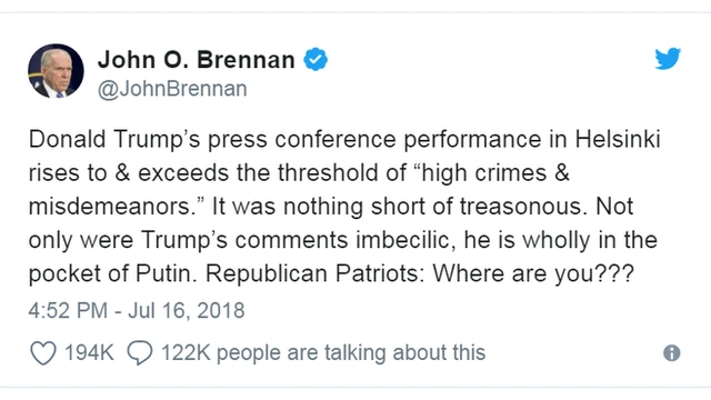 Dòng tweet của Cựu giám đốc CIA John Brennan chỉ trích cuộc gặp Trump-Putin