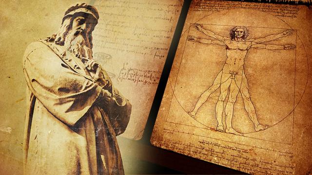 Estátua de Leonardo da Vinci e o Homem Vitruviano