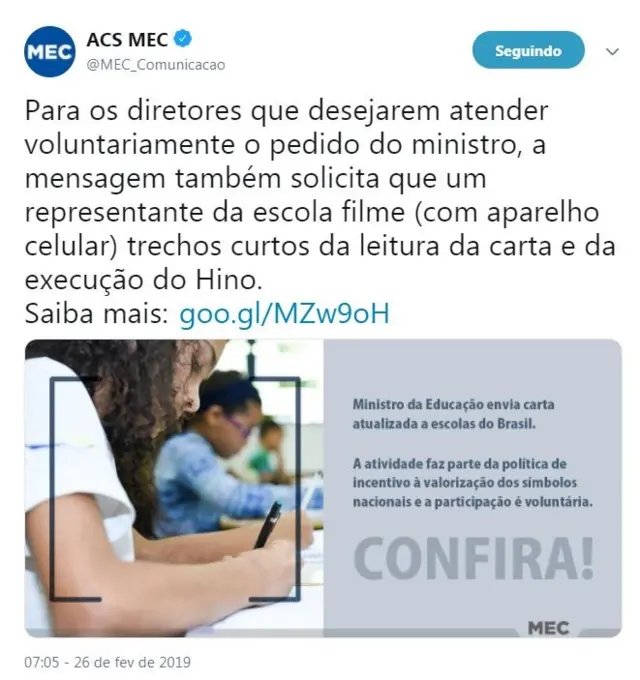 Tuíte do MEC diz que ato agora seria 'voluntário'