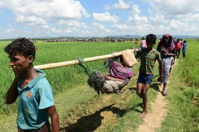 ผู้อพยพชาวโรฮิงญาข้ามแม่น้ำนาฟและเดินมาตามทุ่งนาเพื่อเข้ามาในบังกลาเทศ เพราะต้องการหลบจากความรุนแรงแรงที่เกิดขึ้นบ้านเกิดของเขาในรัฐยะไข่ของเมียนมา