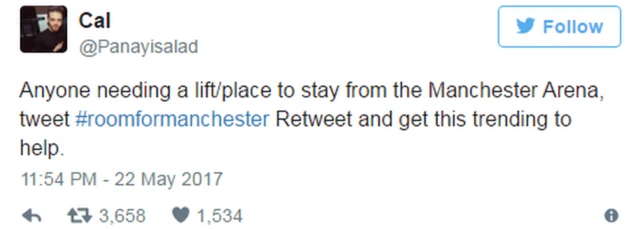 "Bir araca veya kalacak bir yere ihtiyacı olanlar #roomformanchester etiketini kullanın. Bunu retweet edin ve trending yapın."