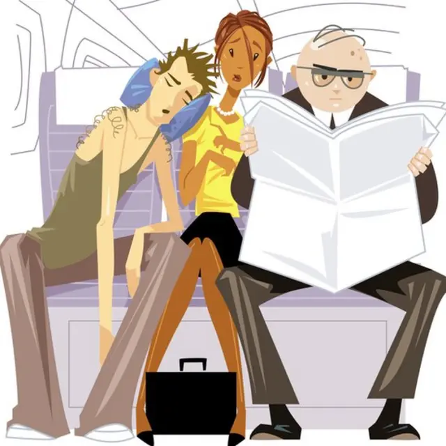 Una ilustración de una mujer en el asiento de en medio, agobiada por sus compañeros de viaje