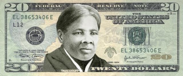 Uma montagem com rosto de Harriet Tubman em nota de 20 dólares