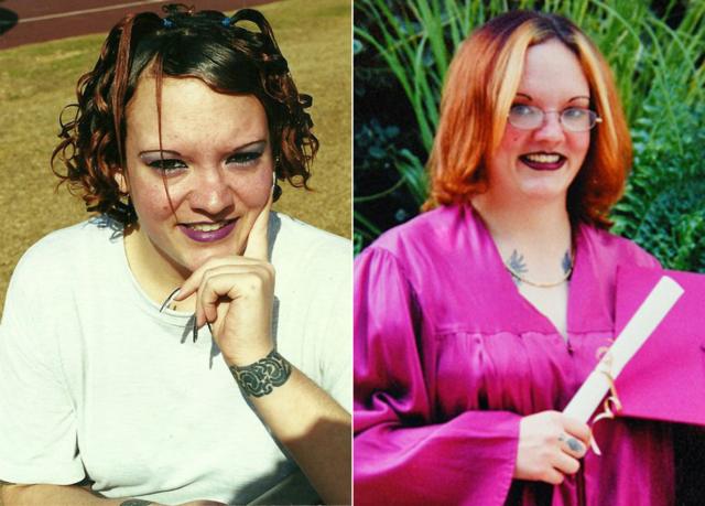 Angela after prison, left, and with her degree, right