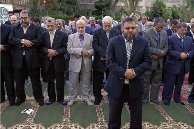 The main leaders of the confrerie of the Muslim Brotherhood during the inauguration of the headquarters of the confrerie on May 21, 2011 in Cairo, Egypt. On the right of the picture: Mohamed Morsi. Second from the left: Mahmoud Ezzat new leader of the Muslim Brotherhood after the arrest of Mohamed Badie. Fourth from the left: Mahmoud Hussein Secretary General of the Muslim Brotherhood.