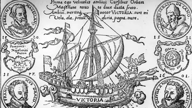 Ilustración de la nao Victoria con algunos de los miembros de la expedición.