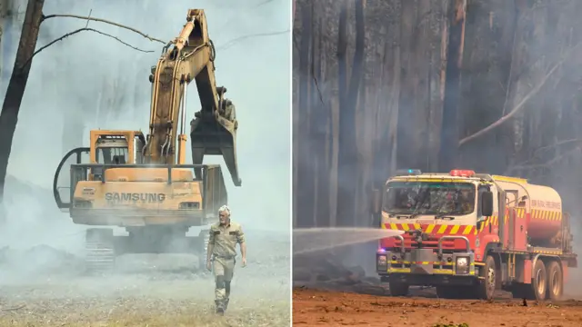 Escavadeira e caminhão de bombeiros