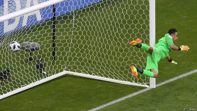 कोस्टा रिका के गोलकीपर को छकाते हुए गेंद गोल में चली गई