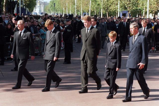 The Duke of Edinburgh, Prince William, Earl Spencer, Prince Harry and the Prince of Wales during the funeral procession to Westminster Abbey