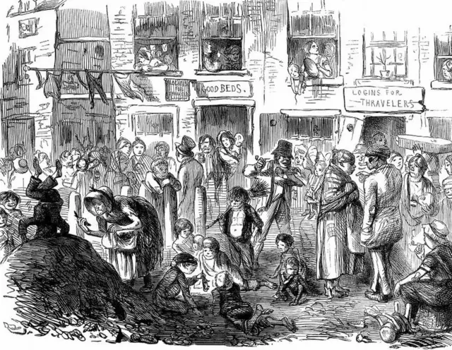 লন্ডনের পাঞ্চ নামক সাময়িকীতে কলেরা নিয়ে ২৫শে সেপ্টেম্বর ১৮৫২ সালে প্রকাশিত একটি কার্টুন -যাতে লন্ডনের এক বস্তির অস্বাস্থ্যকর, ঘিঞ্জি পরিবেশের ছবি এঁকে কার্টুনের শিরোনাম দেয়া হয়েছিল 'রাজা কলেরার দরবার'