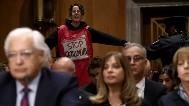 Una manifestante durante la audiencia de Friedman