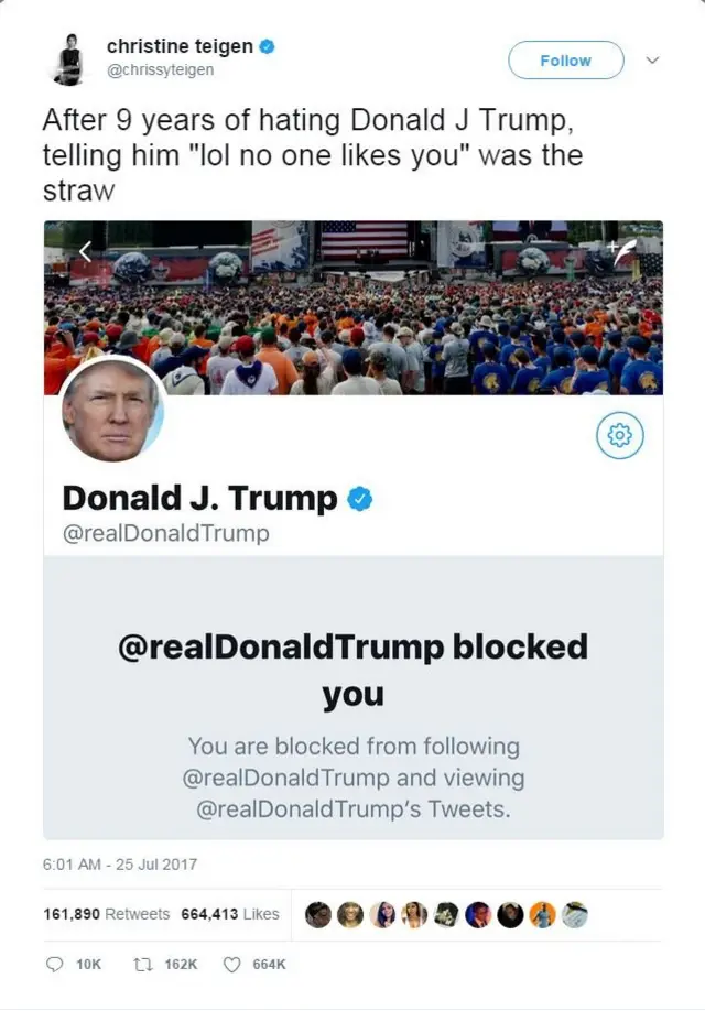 ทีเกน โพสต์ภาพสกรีนชอตที่แจ้งว่านายทรัมป์ได้บล็อกเธอ