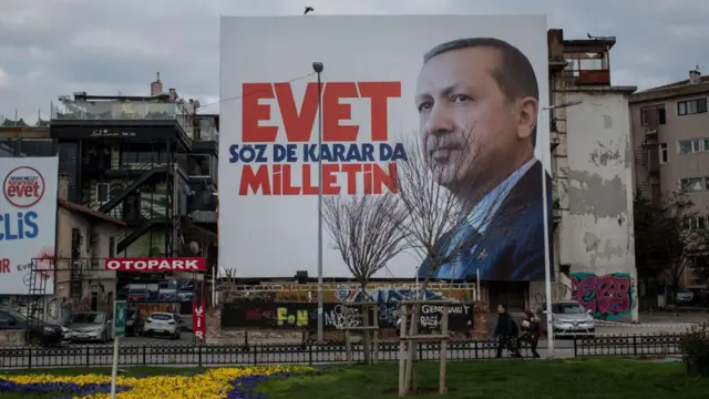 2017 referandumu öncesinde İstanbul sokaklarından bir görüntü. Bir binanın üzerindeki devasa pankartta "Evet. Söz de Karar da Milletin" yazıyor. Binanın önünde bir park var.
