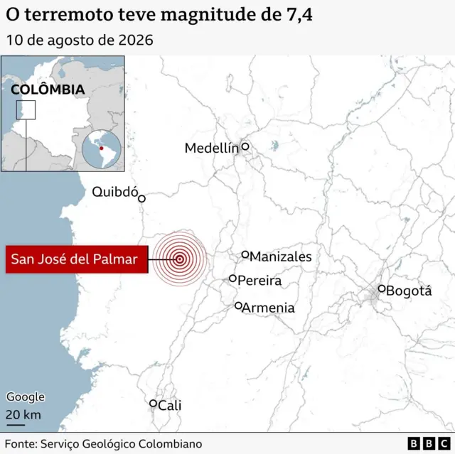 Mapa mostra o epicentro do terremoto com círculos vermelhos.