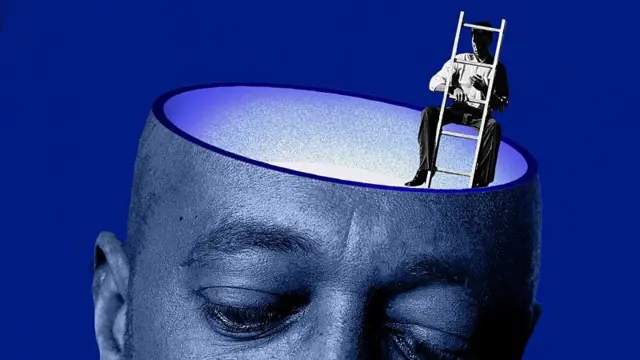 Arte de homem no alto de uma escada dentro da cabeça de outra pessoa