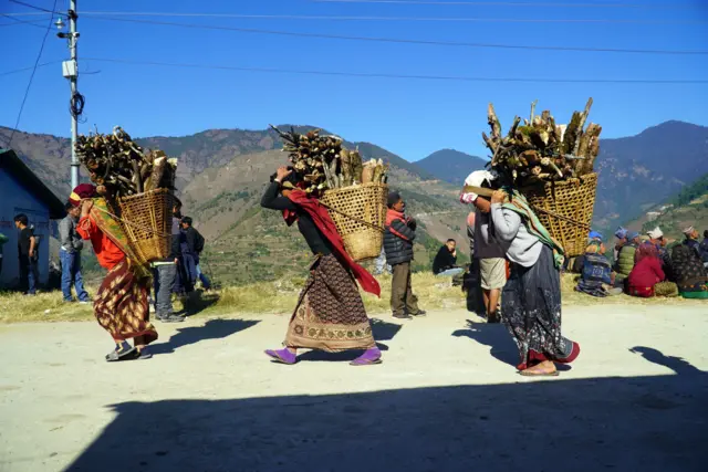 दाउरा बोक्दै महिला