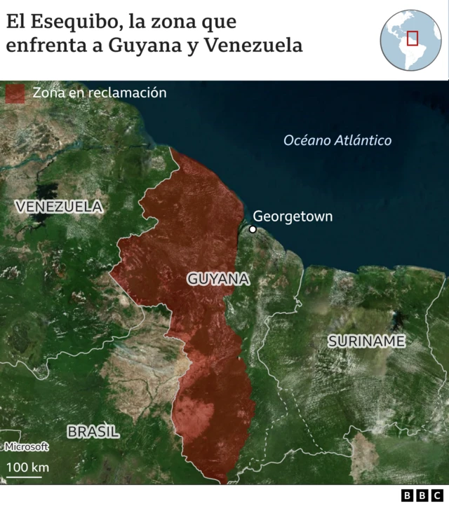 mapa de Venezuela con la zona en reclamación del Esequibo