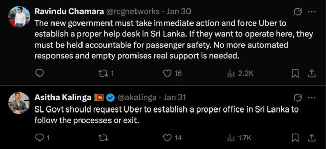 ජංගම යෙදුම් ඔස්සේ ක්‍රියාත්මක කුලී ගමන් රථ සේවාවන් රජය විසින් නියාමනය කළ යුතු බවට සමාජ මාධ්‍ය ඔස්සේ ඇතැමුන් අදහස් පළකර තිබිණි.