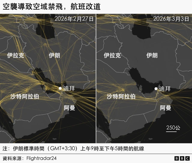 中东航线更改图，显示伊朗上空没有航线通过