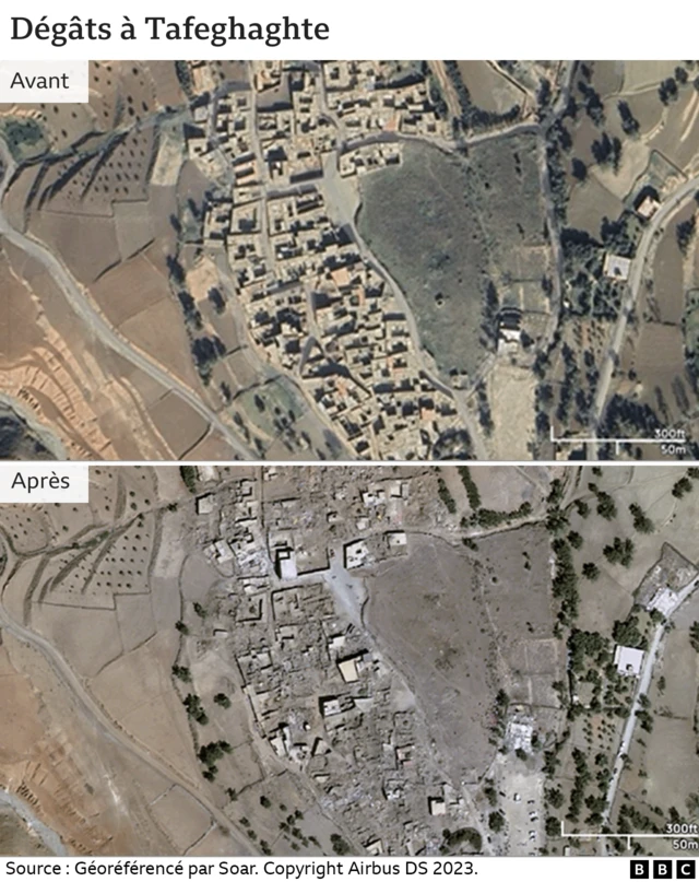 Une image fractionnée montrant une vue satellite des dommages subis par le village avant et après la catastrophe.