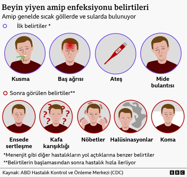 Görsel gazetecilik grafiği, enfeksiyon belirtilerini göstermektedir. Bunlar arasında kusma, baş ağrısı, ateş, mide bulantısı, boyun tutulması, kafa karışıklığı, nöbetler, halüsinasyonlar ve koma yer almaktadır. Bir adamın görüntüsü, bu belirtilerin her birini daire şeklinde bir kutu içinde görselleştirmektedir.