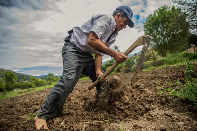 Un hombre trabaja la tierra en el campo peruano. 