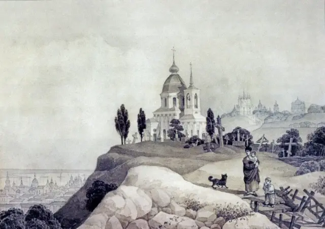 Кладовище та Церква Всіх Святих на Щекавиці у 1840-х на картині Михайла Сажина