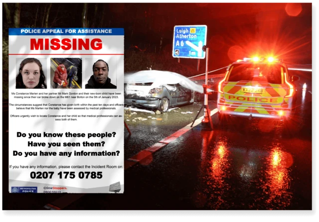 Cartaz de desaparecidos com as fotos de Constance Marten e Mark Gordon, com carro carbonizado em acostamento de estrada ao fundo