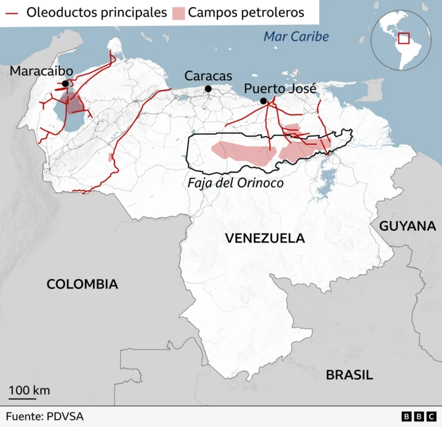 Map of Venezuela showing where pipelines and oil fields are located.