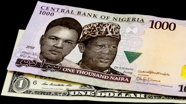 one dollar and one thousand naira notes