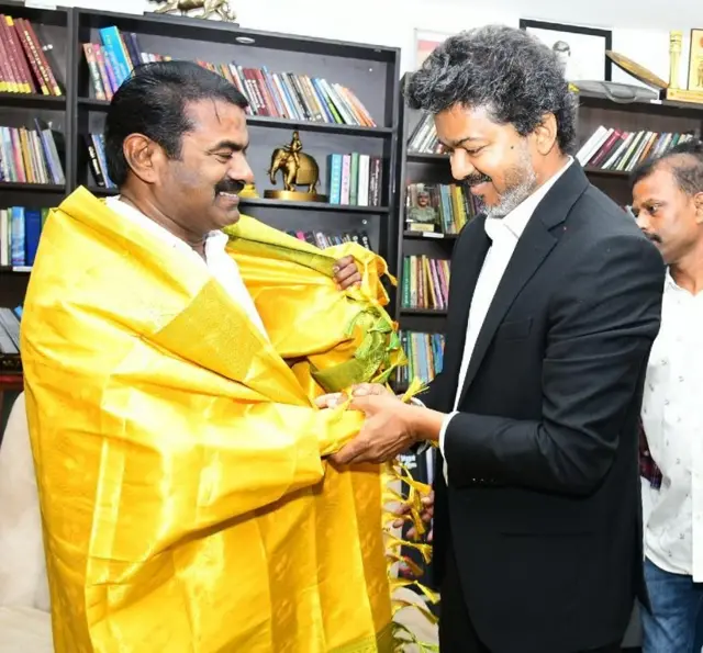  நாம் தமிழர் கட்சித் தலைவர் சீமானை அவரது வீட்டில் சந்தித்தார் முதலமைச்சர் விஜய்