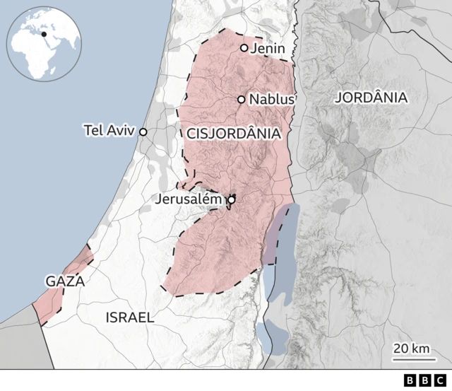 Mapa mostrando Gaza, Cisjordânia e Israel