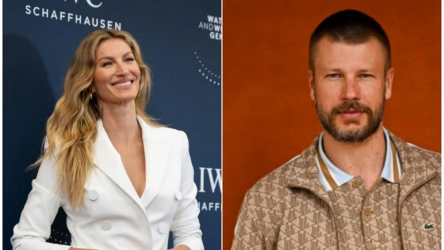 Colagem com fotos de Gisele Bündchen e Rodrigo Hilbert sorrindo ao posar para fotos em eventos