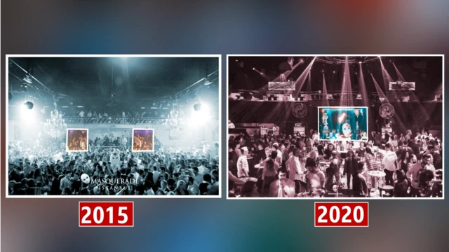 Gece kulübünün ana sahnesinin 2015 ve 2020'de çekilmiş fotoğrafları yan yana görülüyor. 2015'te çekilmiş fotoğrafta mekanın içine iki kapıyla girildiği görülürken 2020'de tek kapıdan girildiği görülüyor. 