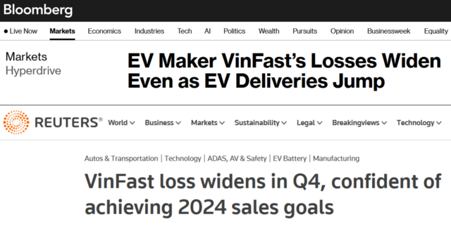 Bài báo của Bloomberg "Hãng xe điện VinFast lỗ sâu hơn dù lượng xe bàn giao tăng vọt" và bài báo của Reuters "VinFast lỗ sâu hơn ở quý 4, tự tin đạt được mục tiêu bán hàng năm 2024".