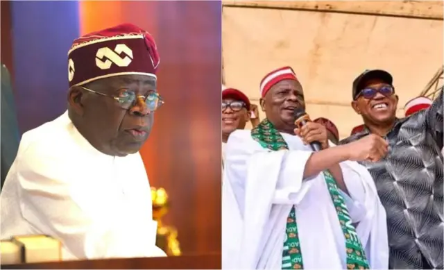 Ààrẹ Bola Tinubu wọ aṣọ buba pẹlu fila, Peter Obi wọ aṣọ dudu ati fila, Rabiu Kwankwaso wọ agbada funfun ati fila